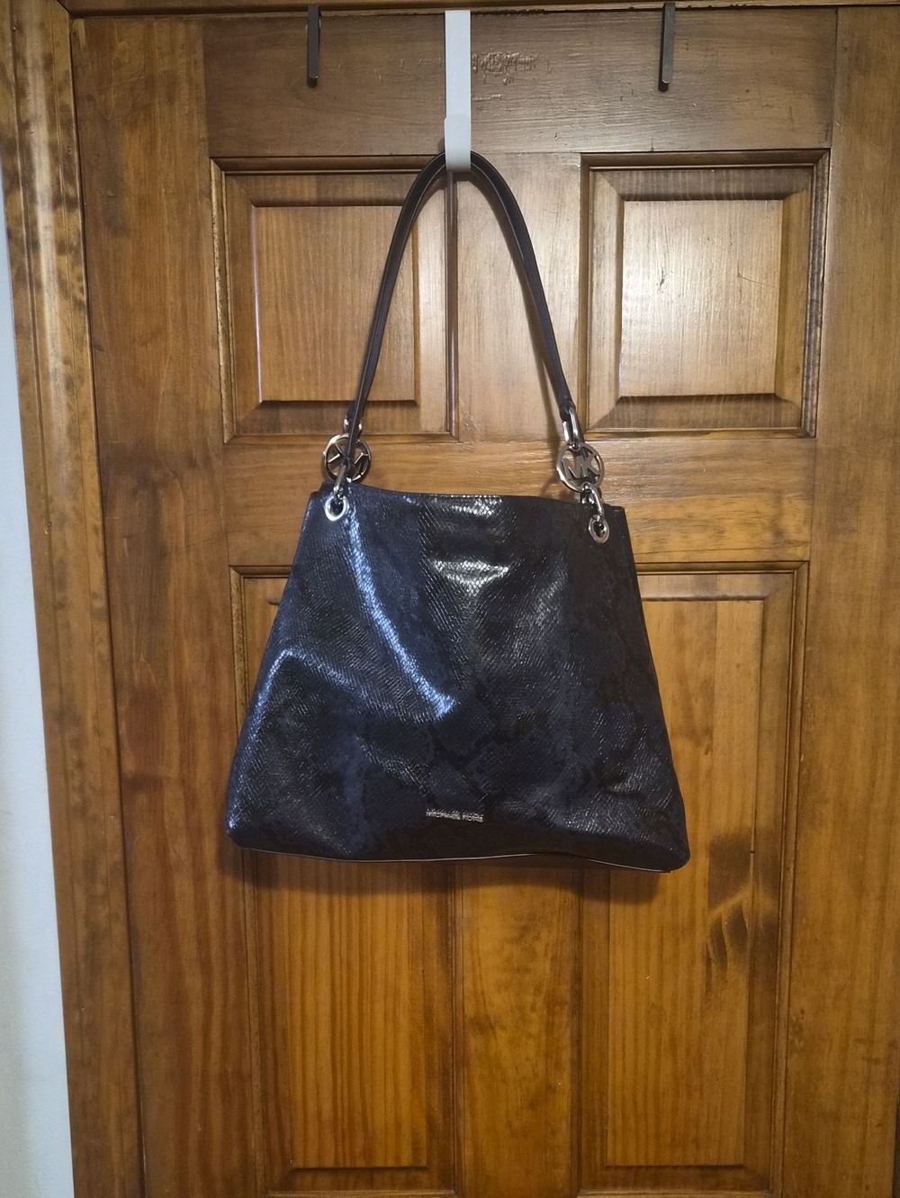 Michael Kors Blue And Black Glossy Snake-Embossed Shoulder Bag